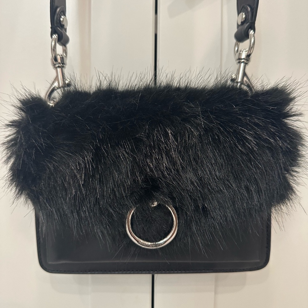 Rebecca Minkoff Black Faux Fur-Trimmed Shoulder Bag with Removablee Strap